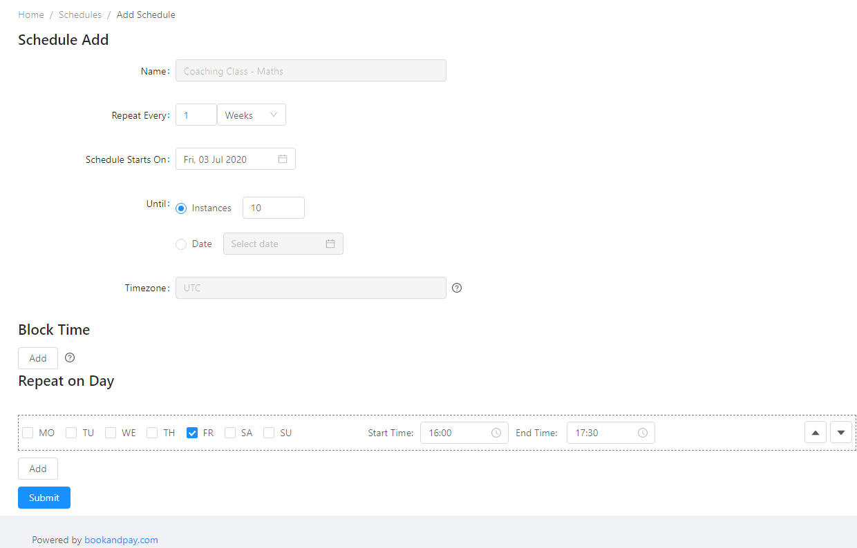 schedule example for coaching class in booking management software system