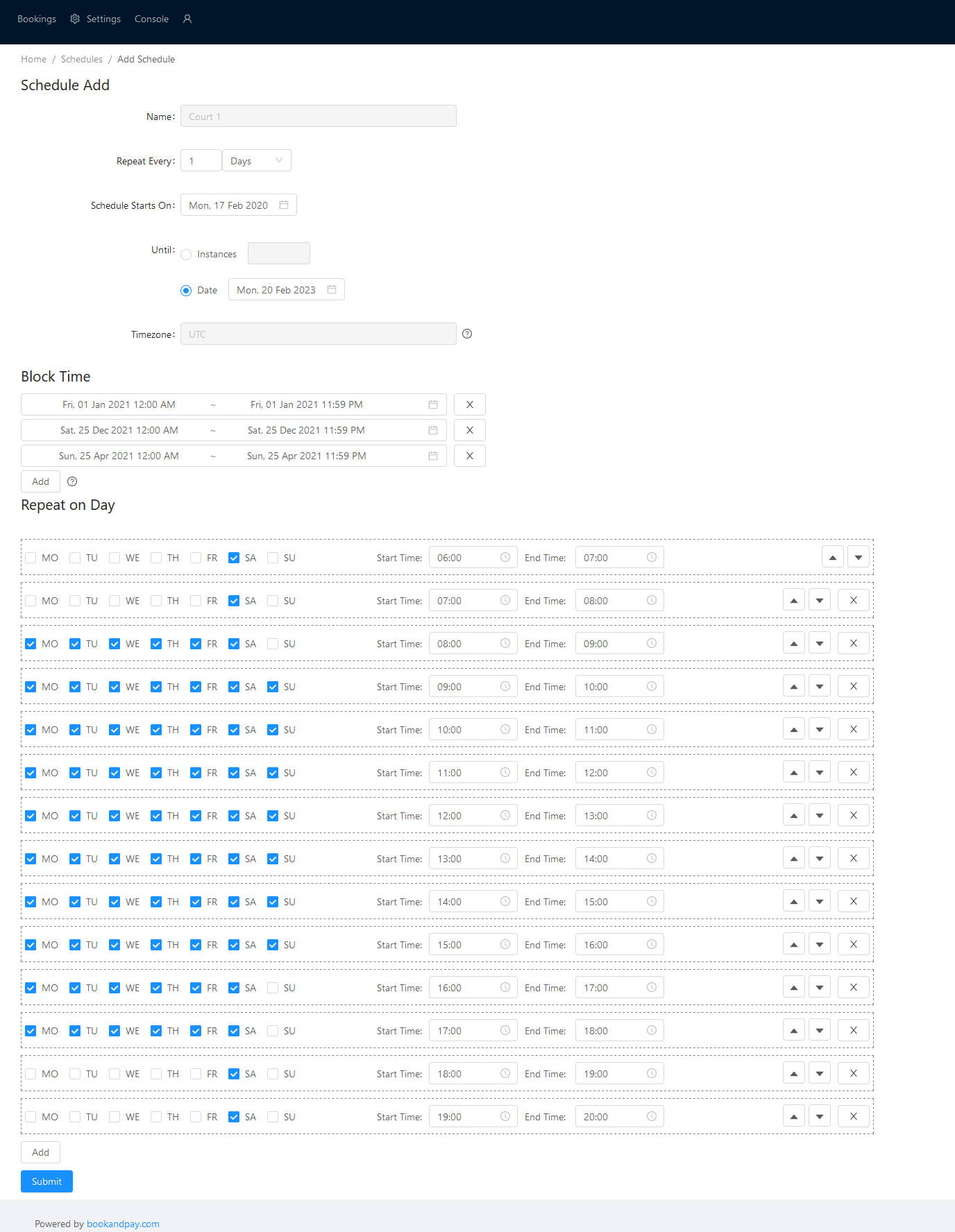 schedule example for court booking in booking management software system