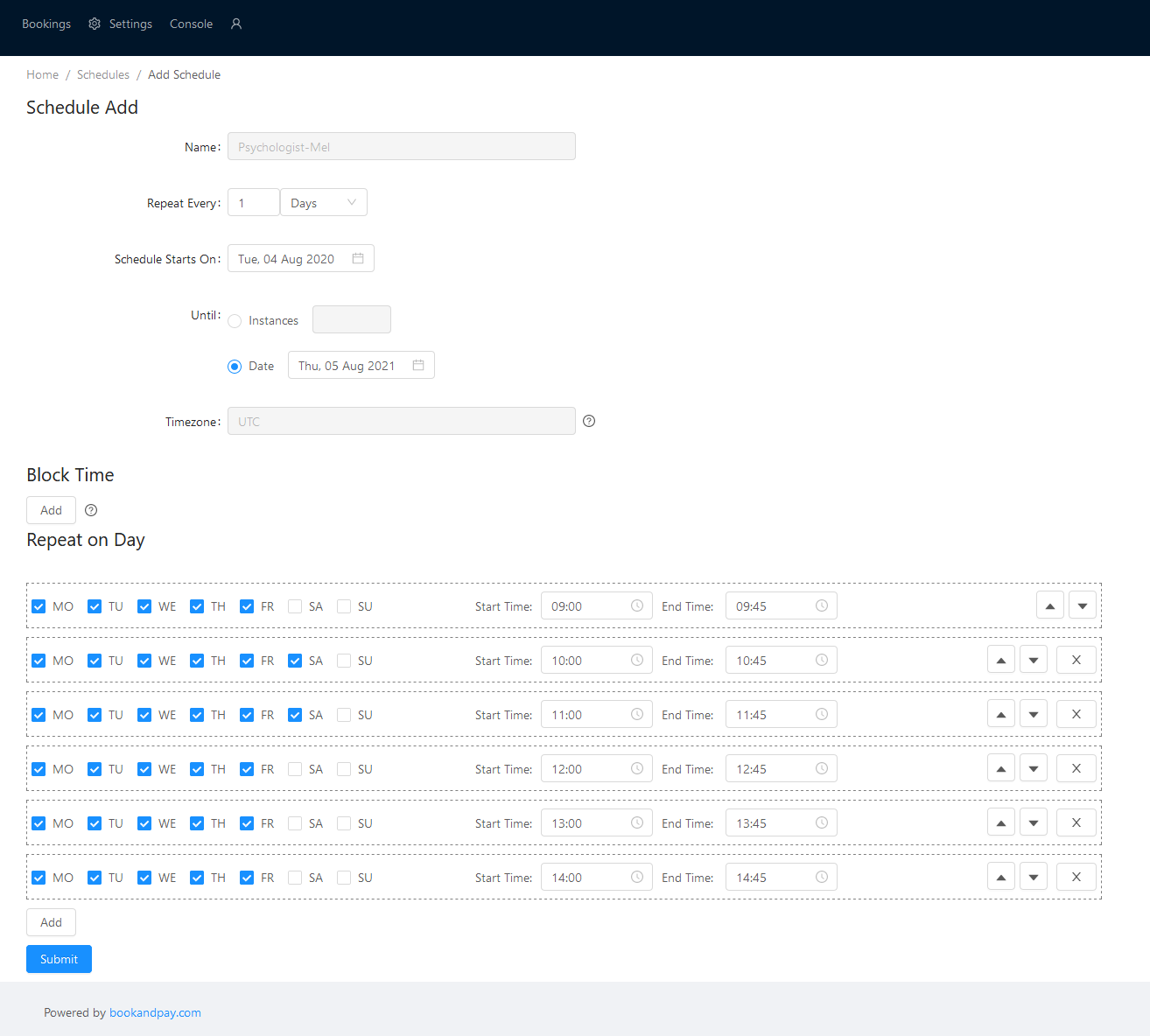 schedule example for psychologist booking in booking management software system